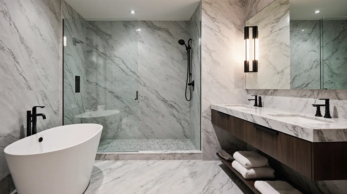 Premium marble and large-format tile installation in Massachusetts bathroom by EBM Construction Corp