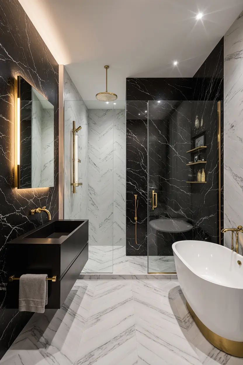 Small bathroom renovation with premium tile and floating vanity by EBM Construction Corp