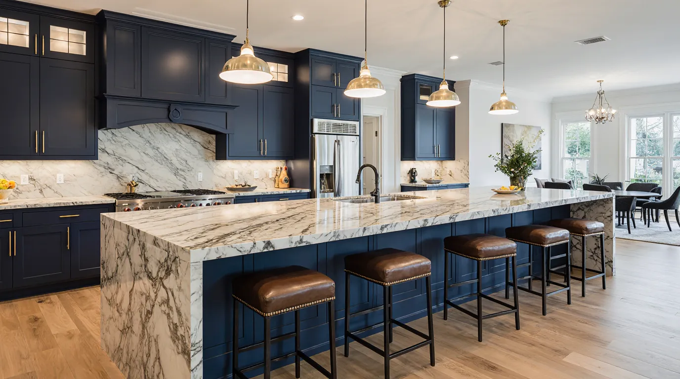 Navy blue painted cabinet finish